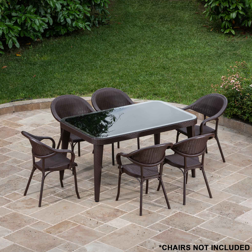 Dellonda DG206 Faux Rattan Wicker Garden Outdoor Patio Dining Table with Tempered Glass 150cm Dark Wood