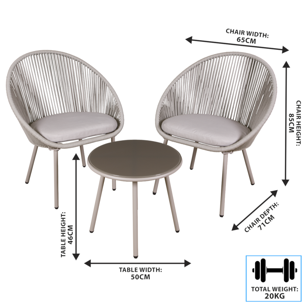 Dellonda DG55 Como 3 Piece Garden Patio Outdoor Steel Bistro Chair and Table Set with Tempered Glass Top Grey