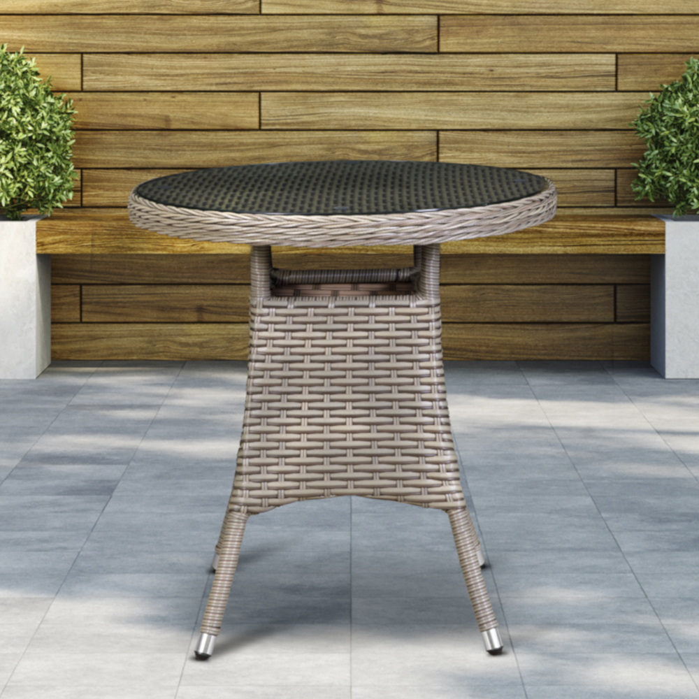 Dellonda DG65 Chester Round Outdoor Garden Patio Dining Bistro Table with Tempered Glass Top 70cm Brown