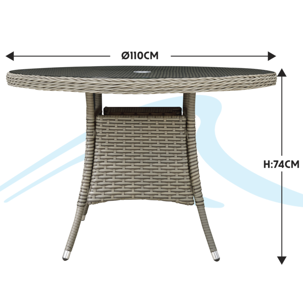 Dellonda DG66 Chester Round Outdoor Garden Patio Dining Bistro Table with Tempered Glass Top 110cm Brown