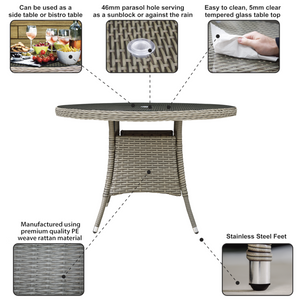 Dellonda DG66 Chester Round Outdoor Garden Patio Dining Bistro Table with Tempered Glass Top 110cm Brown