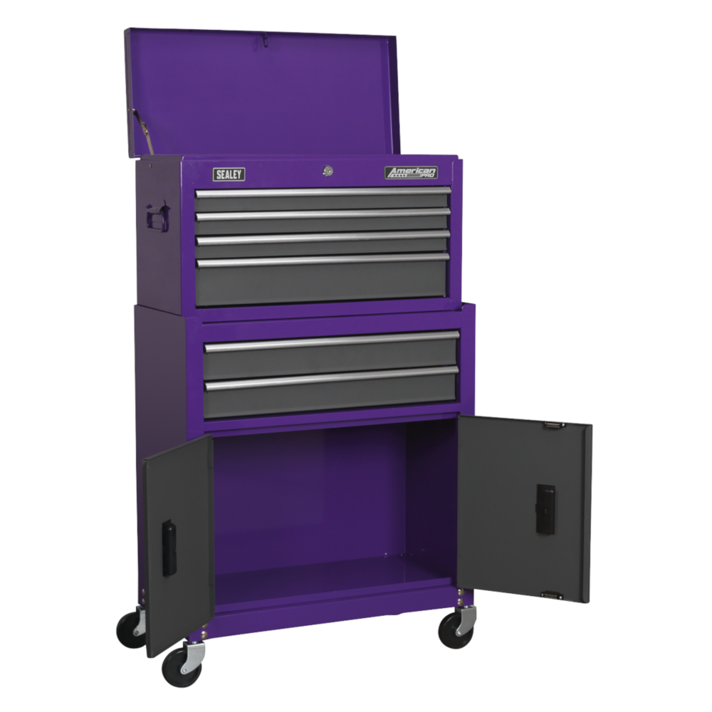 Sealey AP2200BBCP American Pro 6 Drawer Top Tool Chest & Roller Tool Cabinet Storage Box Combination with Ball Bearing Slides Purple Grey