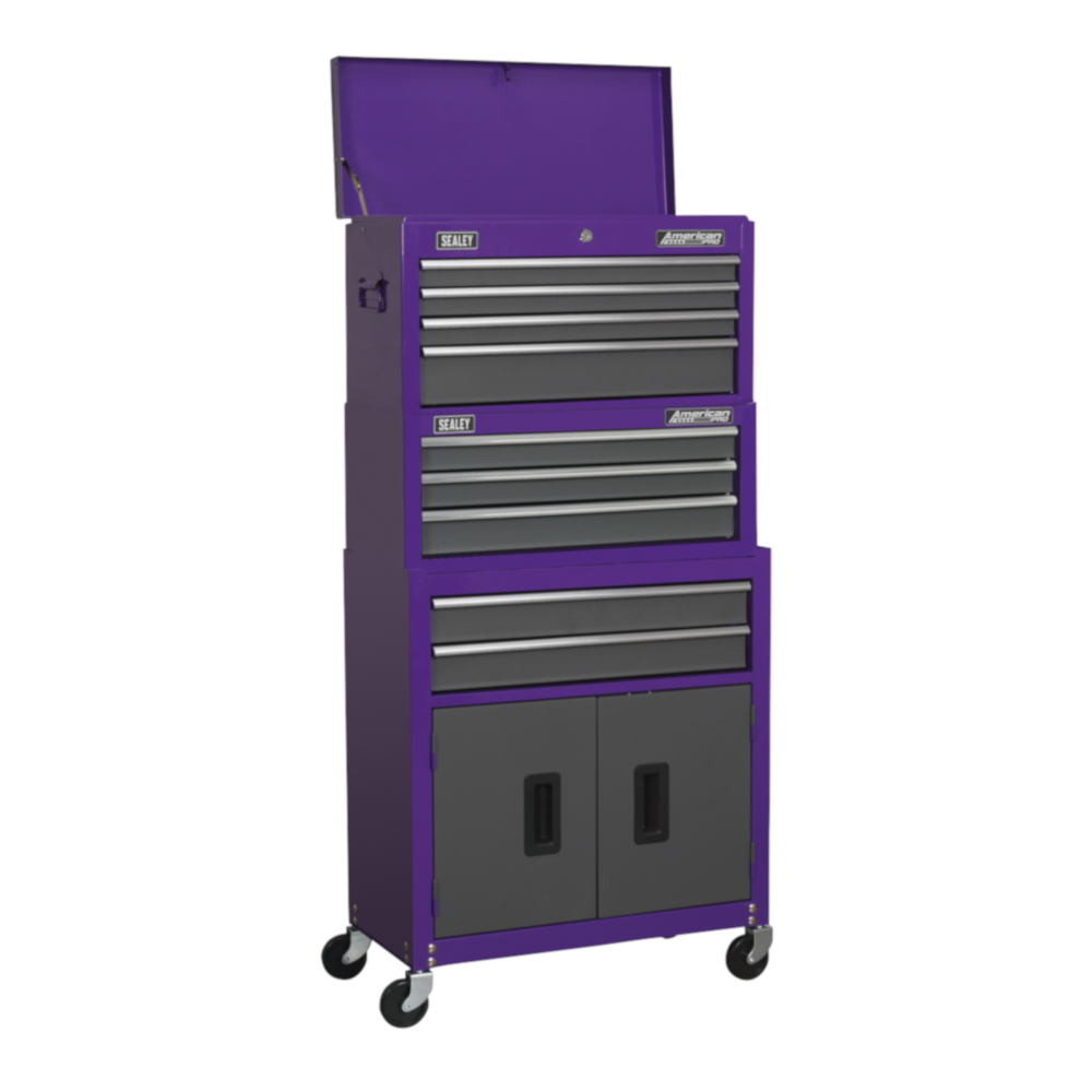 Sealey AP2200BBSTACK American Pro 9 Drawer Top Tool Chest, Add-On Middle Chest and Roller Tool Cabinet Storage Box Combination with Ball Bearing Slides Purple Grey