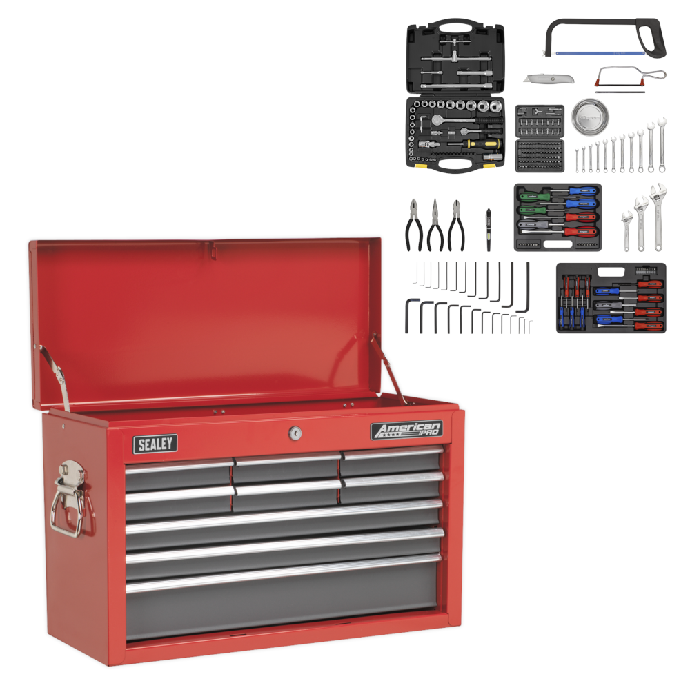 Sealey AP22509BBCOMB American Pro 9 Drawer Top Tool Chest Storage Box with Ball-Bearing Slides and 205 Piece Tool Kit Red Grey