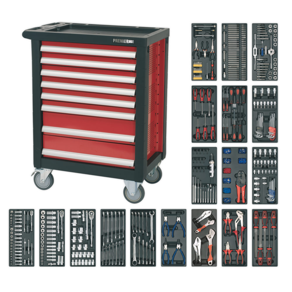 Sealey AP2408TTC08 Premier 8 Drawer Roller Tool Cabinet Storage Box with 707 Piece Tool Kit Red Black