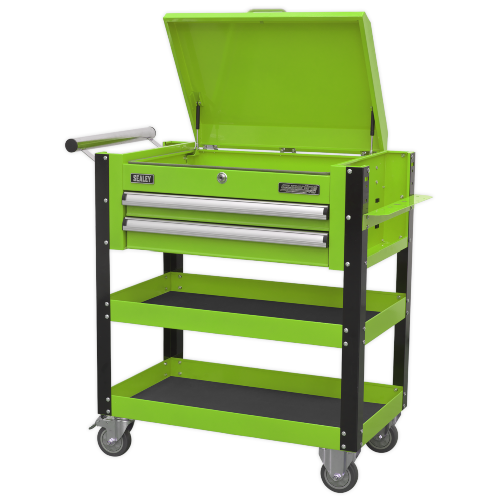 Sealey AP760MHV Superline Pro Heavy Duty 2 Drawer Mobile Tool and Part Storage Trolley with Lockable Top Hi Vis Green