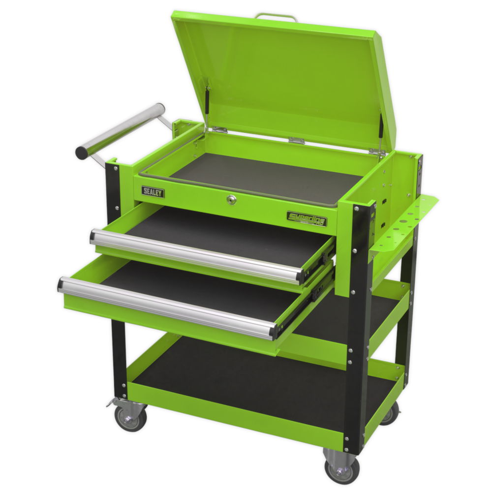 Sealey AP760MHV Superline Pro Heavy Duty 2 Drawer Mobile Tool and Part Storage Trolley with Lockable Top Hi Vis Green