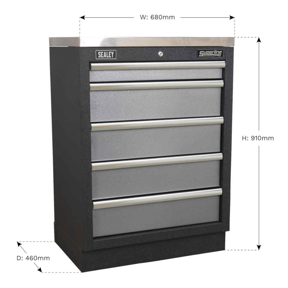 Sealey APMS59 Superline Pro 5 Drawer Modular Heavy-Duty Floor Mounted Tool Storage Box Garage Workshop Cabinet Unit 680mm