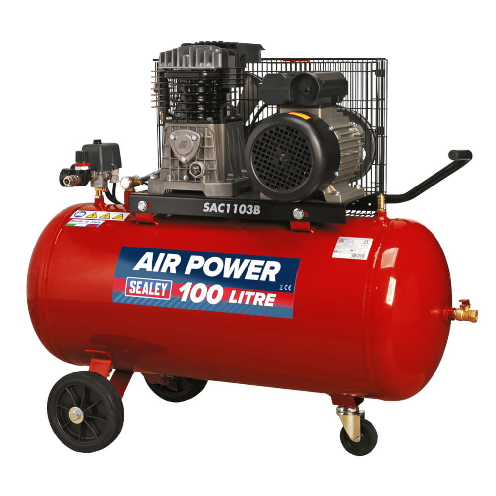 Sealey SAC1103B Air Compressor Belt Drive with Cast Cylinders & Wheels 100 Litre 3hp 230V