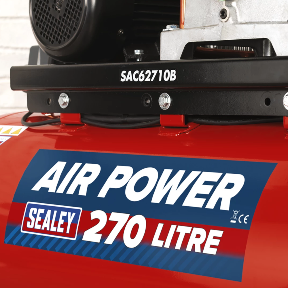 Sealey SAC62710B Stationary Belt Drive Air Compressor with Cast Cylinders 270 Litre 10hp 415V 3ph 32A