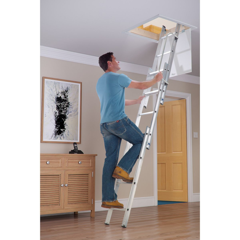 Werner 7600300 Aluminium 3 Section Sliding Attic Access Loft Ladder 2.13m-3.00m EN14975