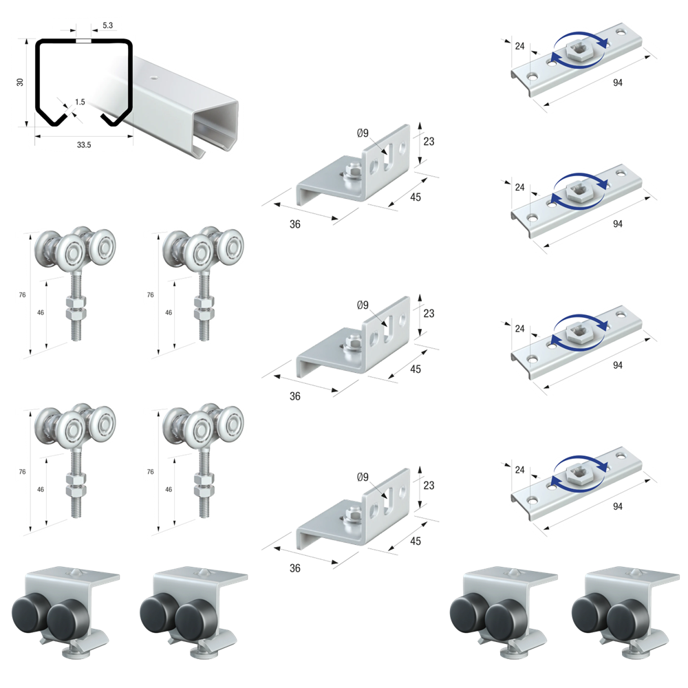 Runners Series 20 Light Duty Industrial Internal Sliding Room Entrance Cupboard Door Gear Track System Kit Set 90kg 2mtr Double Door Kit