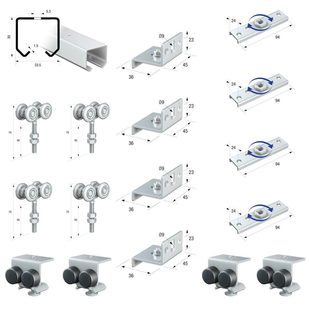 Runners Series 20 Light Duty Industrial Internal Sliding Room Entrance Cupboard Door Gear Track System Kit Set 90kg 3mtr Double Door Kit