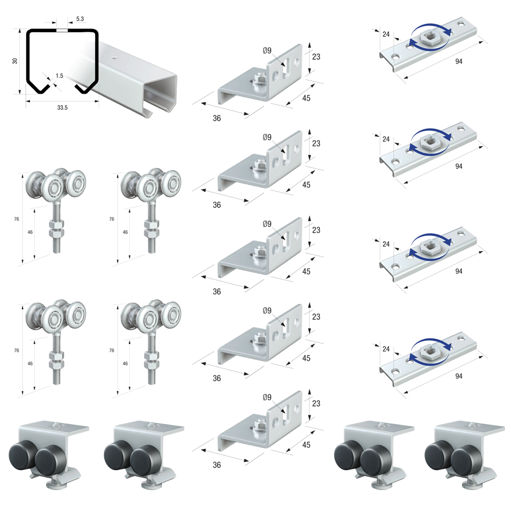 Runners Series 20 Light Duty Industrial Internal Sliding Room Entrance Cupboard Door Gear Track System Kit Set 90kg 4mtr Double Door Kit