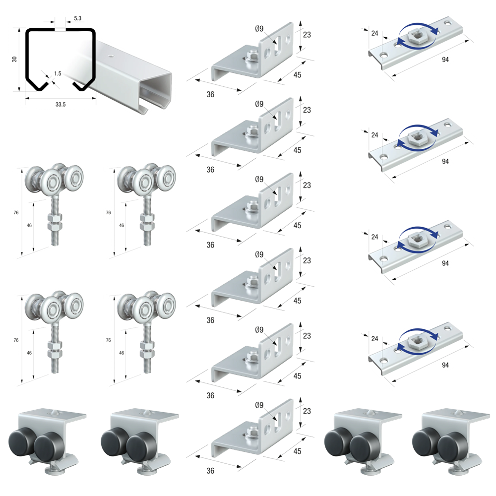 Runners Series 20 Light Duty Industrial Internal Sliding Room Entrance Cupboard Door Gear Track System Kit Set 90kg 5mtr Double Door Kit