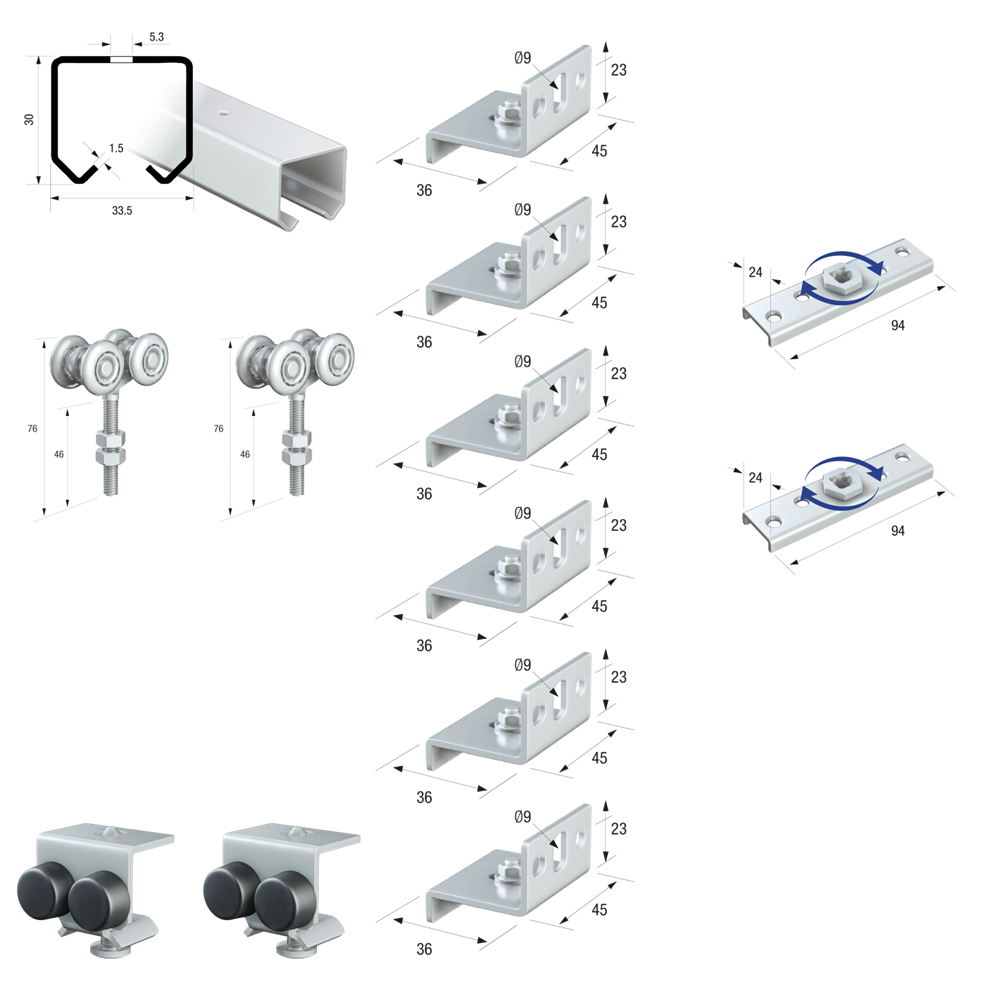 Runners Series 20 Light Duty Industrial Internal Sliding Room Entrance Cupboard Door Gear Track System Kit Set 90kg 5mtr Single Door Kit