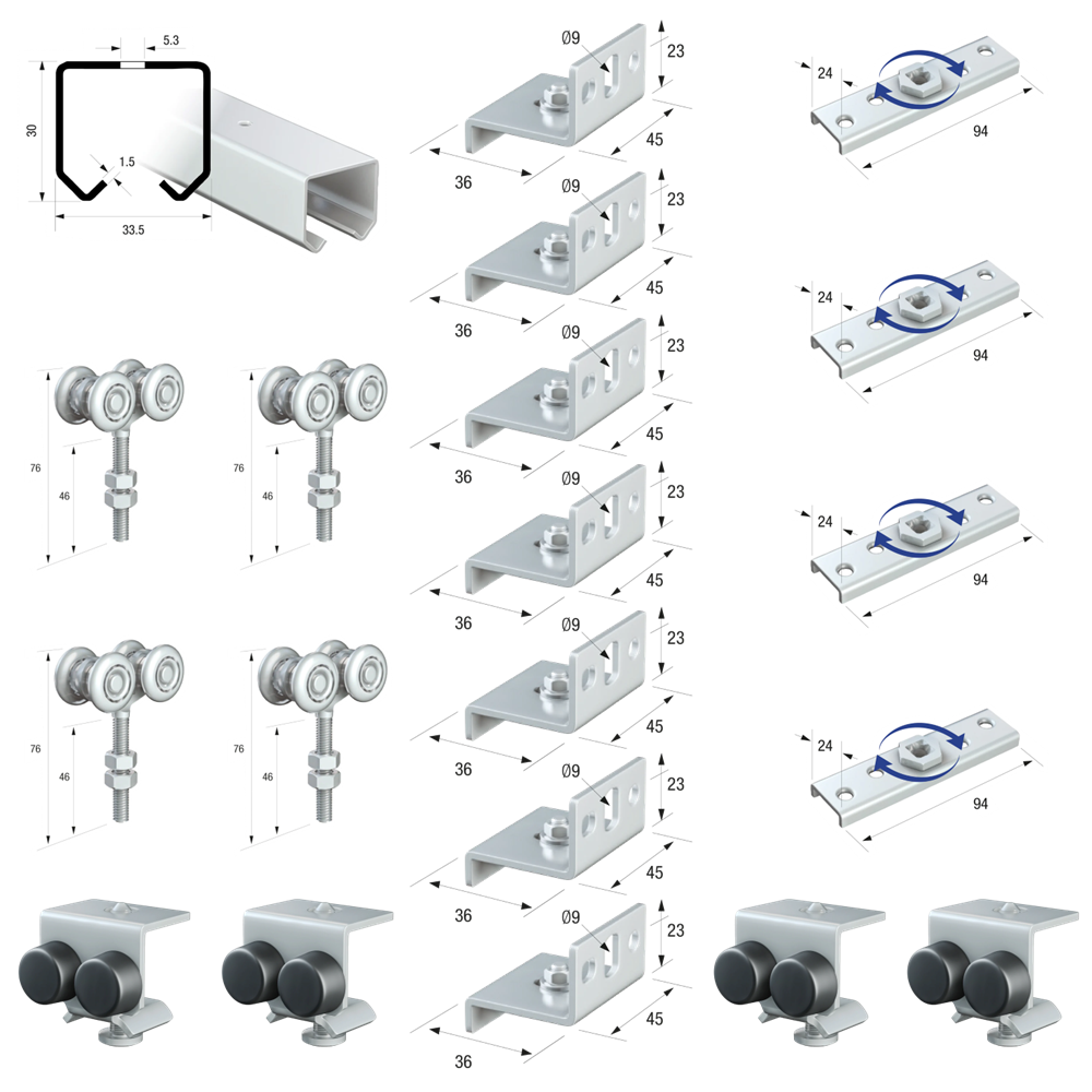 Runners Series 20 Light Duty Industrial Internal Sliding Room Entrance Cupboard Door Gear Track System Kit Set 90kg 6mtr Double Door Kit