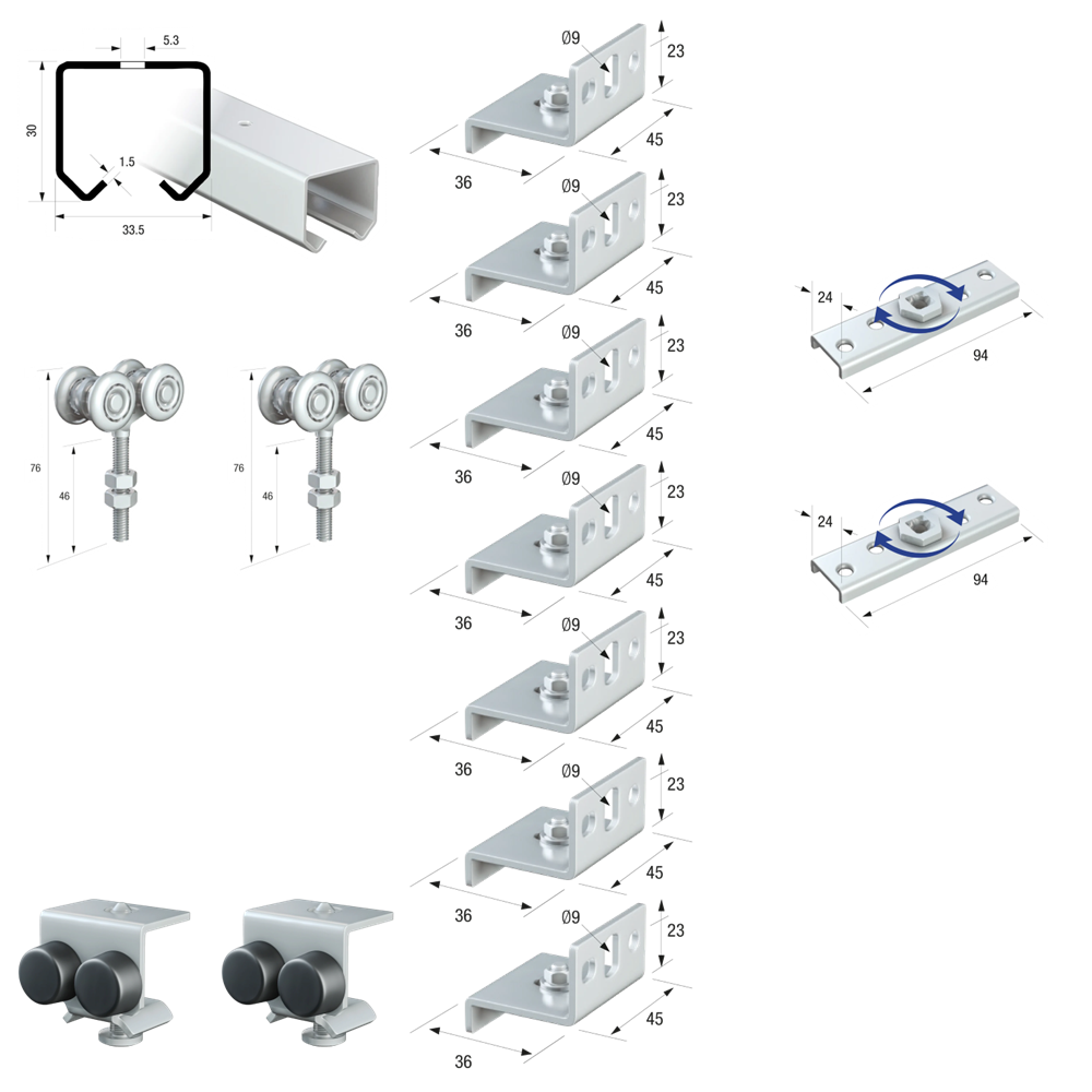 Runners Series 20 Light Duty Industrial Internal Sliding Room Entrance Cupboard Door Gear Track System Kit Set 90kg 6mtr Single Door Kit